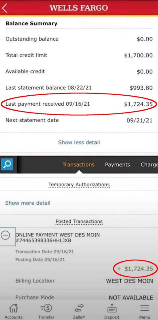 A screenshot of the Wells Fargo online banking app displaying the transaction as a deposit into a credit account